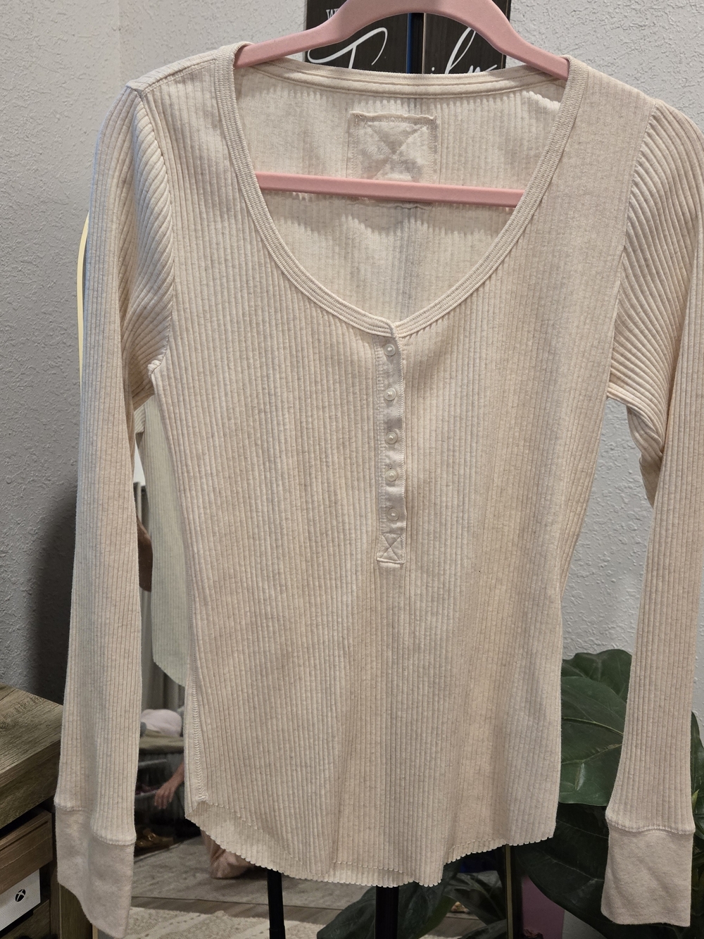 aerie Cream Ribbed Henley Long Sleeve Top